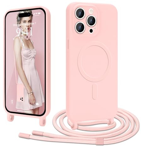 Ethanger Coque Magnétique pour iPhone 14 Pro Max avec Cordon de Collier Réglable Housse de Protection Compatible avec MagSafe en Silicone TPU Etui Case Ultra Fine pour iPhone 14 Pro Max Rose