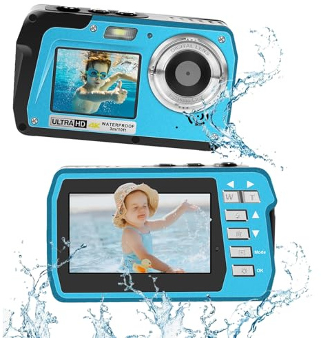 4K Underwater Camera, Full HD 4K&48MP Compact Floatable Camera, 10FT Waterproof Camera for Snorkeling, Surfing, Rafting, Dual-Screen for Selfie/16X Digital Zoom/Fill Light/Support 128GB Card(Blue)