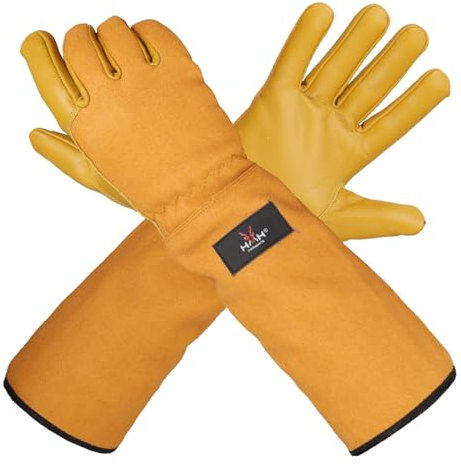 Leather Gardening Gloves - Heavy Duty Thorn-Proof Safety Work Gloves, Dexterity Mechanic Builder (Brown, Long, Large)