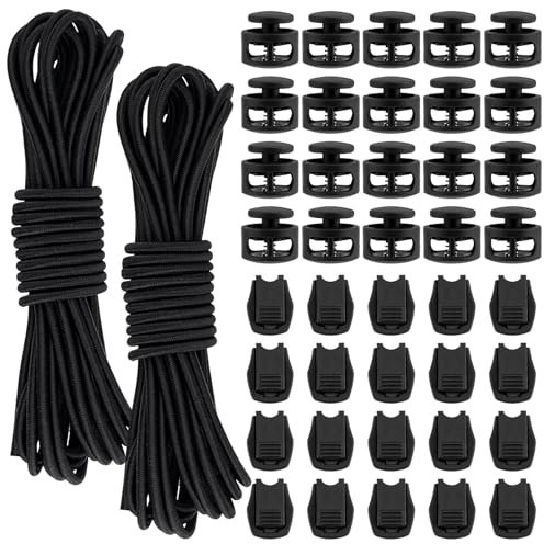 Elastische Gummischnur 3 mm x 10 m Schwarz Gummiband Elastisches Nylonband mit 20 Kordelstopper Kordelklemme 20 Kordelstopper 2 Loch für Kordelzug, Rucksack, Schnürsenkel Federschnalle