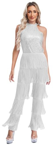 Kaerm Ganzkörper Tanz Body Damen Latein Tanzkostüm Pailletten Glitzer Overall Ärmellos Jumpsuit Fransen Quasten Trikotanzug Dancewear Silber XL