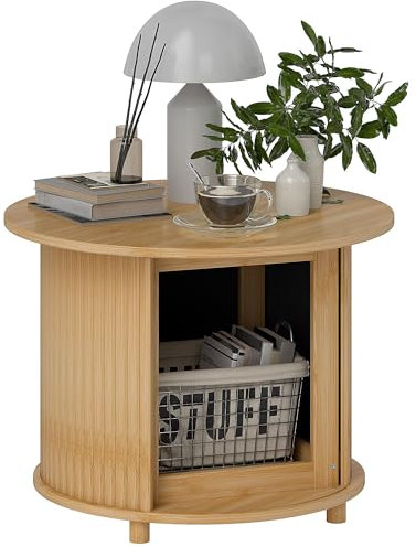 HOMCOM Couchtisch Wohnzimmertisch aus Bambus mit verstecktem Stauraum und Schiebetür, runder Beistelltisch im Modern-Stil, für Wohnzimmer, Natur, Ø60 x 45 cm