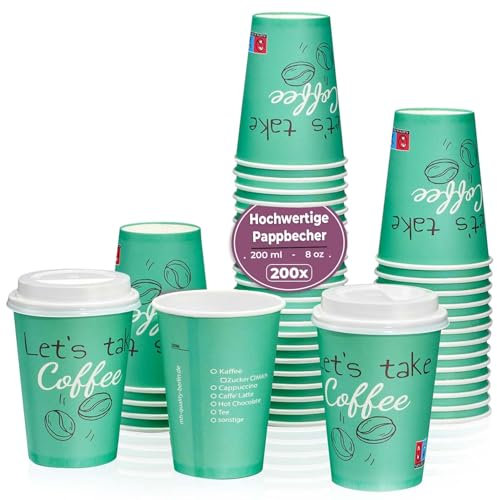 MH QUALITY Kaffeebecher To Go 200ml / 8 Oz - 200 Stück Premium Einweg Pappbecher Ohne Deckel für Kaffee | Hochwertige Coffee To Go Becher | Grün