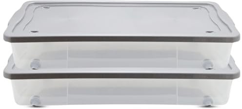 ALEEZ 47L Underbed Storage Box With Lid - Set of 2 Under Bed Space Saver With Wheels - Large Portable Clothes Organizer - Nestable Clothes Container - Stackable Multipurpose Transparent Laundary Boxes