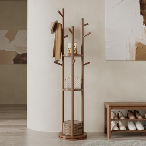 AQIMUELE Portemanteau Rotatif en Bois, Portant à Vêtement d’Entrée, Porte-Manteau sur Pieds pour Vêtements/Sacs/Chapeaux, pour Maison/Bureau/Entrée/Couloir, Noyer