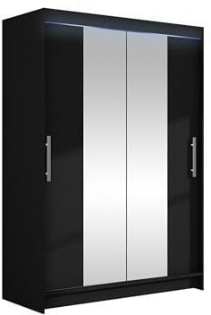 Mirjan24 Kleiderschrank Miami II mit RGB LED Beleuchtung, Modernes Schiebetürenschrank mit Kleiderstange und Einlegeböden für Kleidung, Garderobenschrank (Schwarz)