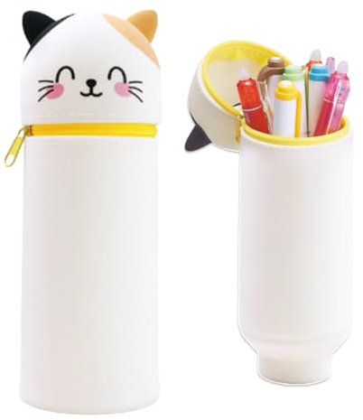 Thryviel 2 en 1 Trousse Scolaire en Silicone Souple avec Reißverschluss - Étui à Crayons Kawaii Chat pour Enfants, Fournitures Bureau Maison, Fournitures Scolaires Mignonnes (Chat tacheté Souriant)