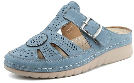 JOMIX Ciabatte Donna Estive con Zeppa Ortopedica Sandali Aperte Comode Pianta Larga Scarpe per Anziane Pantofole Ergonomiche per Signora Trasforata Traspirante WOX250650 Blu 39