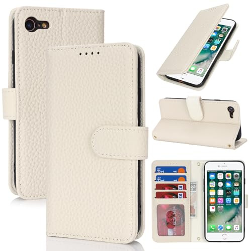 Zouzt Echtleder Hülle für iPhone SE (3./2. gen)/8/7, Milchig Weiß | 4 Kartenfächern, Premium Leder, Kartenhalter, Magnet Klapp Schutzhülle, Stoßfeste TPU-Innenhülle, Frauen Männer, Leather Case