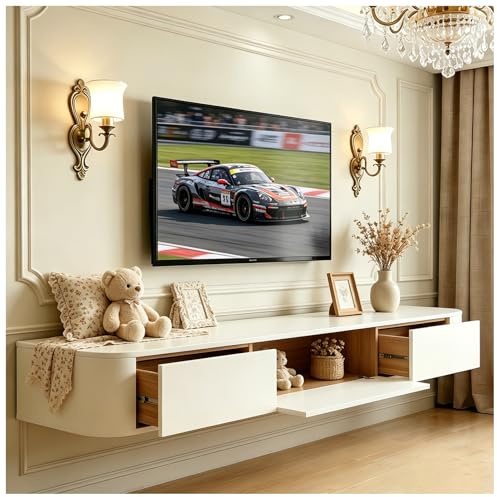 JUNFUNNLE TV Lowboard Hängend 200cm Weiß, Komplett Vormontierter Schwebender TV Schrank Mit Stauraum, TV Board Zur Wandmontage, Modernes Hänge Lowboard für Wohnzimmer