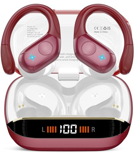 Cuffie Bluetooth, Auricolari Bluetooth 5.4 con Stereo HiFi, 75 Ore Display LED Auricolari Wireless con ENC Mic, IP7 Impermeabili Cuffiette Wireless con Gancio, Cuffie Senza Fili Sport Running, Rosso