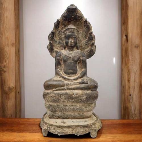 Kinaree Bronze Buddha Figur sitzend mit Naga Schlange – Antike asiatische Tempelstatue aus Thailand – Handgefertigte Dekofigur im Khmer-Stil für Meditation & Zen Räume