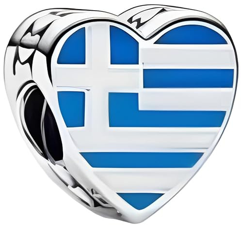Greece Heart Flag Charm 925 Silver Charm Compatible with Pandora Charms, Trollbeads, Chamilia, Biagi and Many Other UK Charm Bracelets.