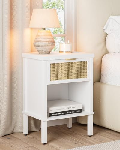 Apetaccat Nachttisch Rattan, Nachttisch Holz, Boho Nachtschrank mit Schublade und offenem Regal, Nachttische für Schlafzimmer, Wohnzimmer, 28x38x55cm, weiß