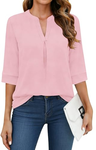 WNEEDU Chemise Femme à Manche 3/4 Col V Tee Shirt Long Chemisier et Blouses | Fine Haut,Décontracté Tunique,Blouse Chic et Élégant,Chemise Long,Base Chemisier,Three-quarter Sleeve
