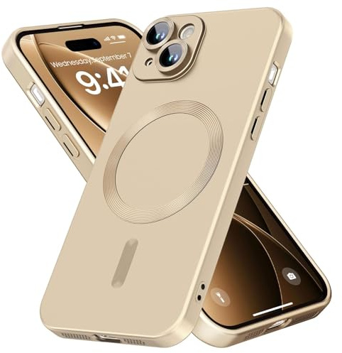 samanoya Coque Magnétique pour iPhone 15,Compatible avec MagSafe,Protège-Lentille Intégré Étui Housse Fine et Souple en Slim Silicone Antichoc à Brillance Métallisée (Or)