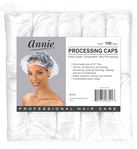 ANNIE Extra Large Processing Caps — Clear Disposable Hair Treatment Caps for Coloring, Perming, Conditioning & Showering — 100-Count XL 21″ Diameter Protective Caps