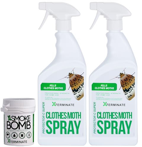 Xterminate Clothes Moth Remover Killer Spray 2 x 1 Litre with Xterminate XL Smoke Fumer Fogger 1 x 11g - Pest Control for Flying & Crawling Insects - Treats Clothes Moths, Fleas, Flies & More