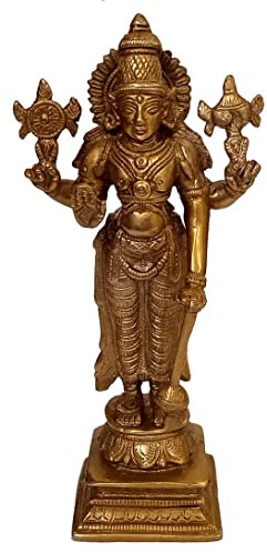 Purpledip Brass Statue Lord Vishnu Narayana: Hindu God Idol Sculpture Home Temple Décor Gift (11099)