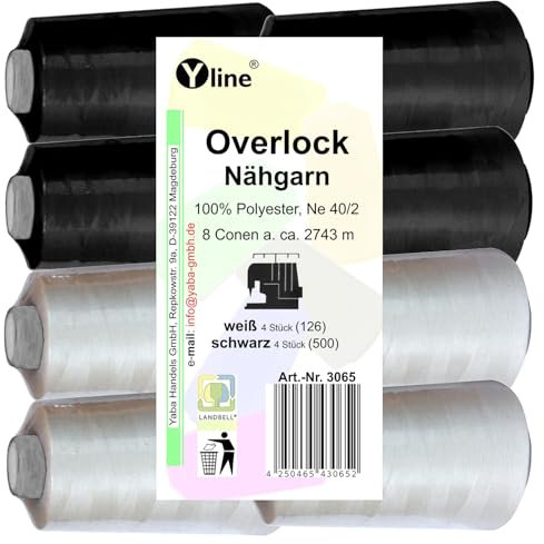 Set 8 Stück Spulen Overlock - Nähgarn, weiß & schwarz, a. 2743 m, NE 40/2, 100% Polyester, Nähfaden, Nähmaschinen Garn, (0,01 € / 10 m), 3065