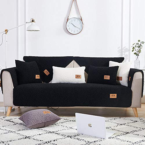 sofabezüge,Sofa Möbel Protector,Winter 1/2/3/4 Sitzer Sofabezüge,Dicker Plüsch Sofa Protector,Rutschfester Sofabezug für Ledersofa,Wohnzimmer Teppich-schwarz_70 * 180 cm