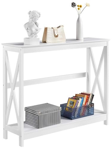 Yaheetech Console Table, 2 Tiers Entryway Table with Storage Shelves, Wooden Sofa Table for Entryway Hallway Living Room Bedroom,101.5x30x81cm,X-Design, White