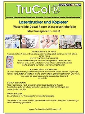 Wasserschiebefolie TRANSPARENT für Laserdrucker – hauchdünn Decal Abziehbild - Nassschiebefolie für Keramik, Glas, Kerzen, Metall, Kunststoff, Modellbau (A4-8 Blatt)