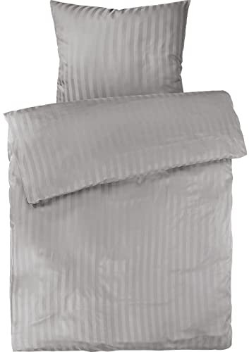 Pure Label Mako Satin Damast Streifen Bettwäsche hellgrau 135 x 200 cm mit Kissenbezug 80 x 80 cm aus 100% Baumwolle | Traumhaft weiches Mako Satin Bettwäsche Set in Uni