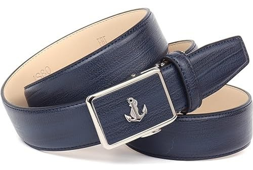 Anthoni Crown Leder Herrengürtel trendige dunkelblau geflammt mit Anker / 3,5 cm Gürtel ohne Löcher, Automatikgürtel/Ledergürtel für Herren Anzug, Herren Hose oder Jeans, kürzbar/Modell 17JS82