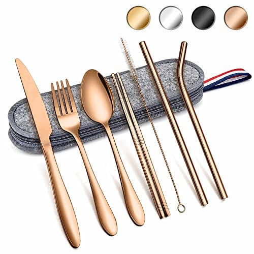 Herogo Reisebesteck Set, 8-Stück Camping Besteck aus Edelstahl, Tragbare Utensilien Set mit Tragetasche, Messer, Gabel, Löffel, Essstäbchen, Strohhalme, Bürste für Outdoor Reise Picknick(Roségold)