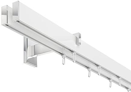 DécoProfi Gardinenstange Innenlauf 2-läufig Set Long rechteckig Weiß/Verchromt I Länge: 480cm Aluminium für Wandmontage I Als Gardinenschiene & Vorhangstange geeignet