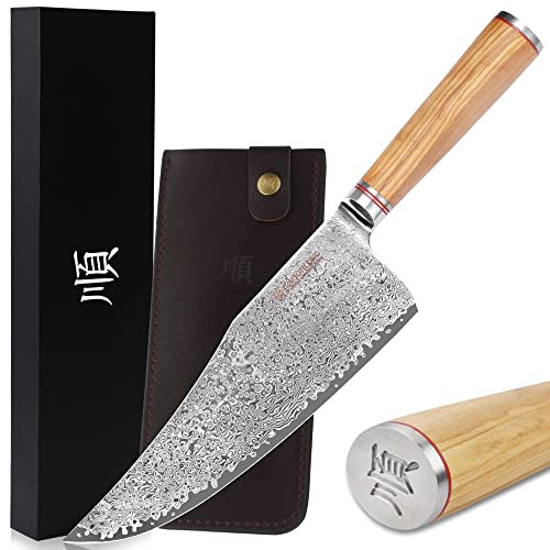 YOUSUNLONG Coltello da mannaia per carne 22,86 cm Acciaio damasco martellato giapponese - Affilato come un rasoio - Manico in legno d'ulivo italiano - Fodero in pelle