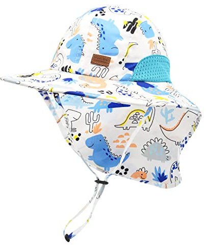 SEYUFN Baby Jungen Sonnenhut Kleinkind Sommer Strand Hüte Kleinkind Mädchen Breiter Krempe Bucket Cap Nackenklappe UV-Schutz für Kinder im Freien (1-4 Jahre, A-Blauer Dinosaurier)
