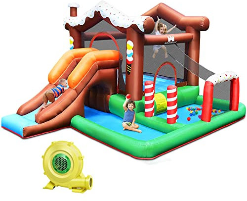 GYMAX Kids Bouncy House, Inflatable Jumping Castle with Climbing Wall & Basketball Hoop, Indoor Outdoor Slide Bouncer for Party, Patch Kit, Carrying Bag (with 480W Blower)