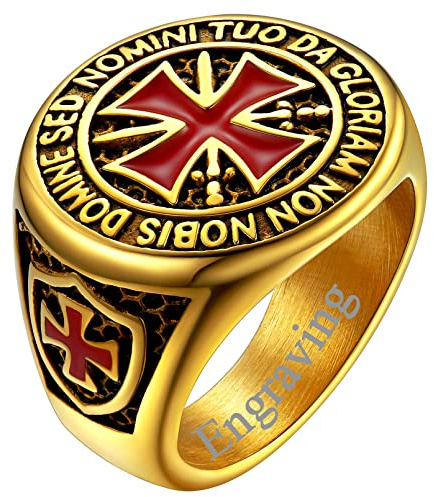FaithHeart Gold Steel Ring for Man Boys Personalized Classy Jerusalem Crusader Cross Pinky Rings Stainless Steel Knights Templar Finger Jewelry Size Q