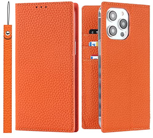 Cavor Phone Case Compatible for iPhone 14 Pro Max,Genuine Leather Flip Wallet Case,[3 Card Holders][Magnetic Closure][RFID-Blocking][Lanyard],Protective Case Cover for iPhone 14 Pro Max - Orange