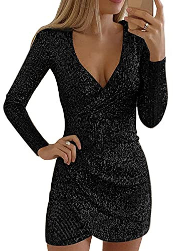 ORANDESIGNE Vestito Donna Discoteca Sexy Manica Lunga Scollo A V Mini Abito Bodycon Dress Y2k Tinta Unita Abiti da Sera Paillettes Brillante Tubini Estivi Miniabito a Nero M