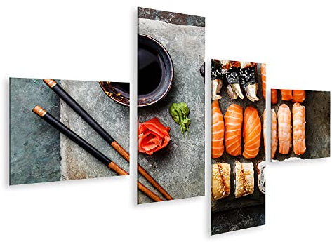 Bild auf Leinwand Sushi Rollen Set Stein Schiefer serviert Grau Metall Hintergrund Wandbild Leinwandbild Bilder für Wohnzimmer GMHA-4LP