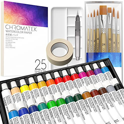 CHROMATEK Ensemble de peinture aquarelle | Kit de 62 pièces | Adultes, enfants, artistes débutants et professionnels | Papier, 8 pinceaux, palette, Aquapen, ruban adhésif | Tubes d'aquarelle de 12 ml