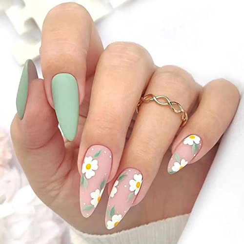 Ceboic Mandel Nägel Zum Aufkleben Kurz, French Ballerina Grün Frosted Künstliche Nägel Glossy Natürliche Kunstnägel Press on Nails, Almond Full Cover Fingernägel Fake Nails für Frauen