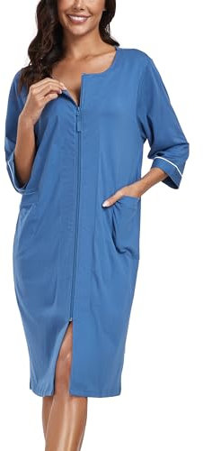 COLORFULLEAF Damen Bademantel mit Reißverschluss Leicht Morgenmantel 100% Baumwolle Hausmantel 3/4 Ärmel Nachthemd mit Taschen(Blau,S)