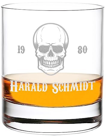 Bicchiere da Whisky in Cristallo da 315 ml, con Incisione a Scelta, Motivo Teschio, Bicchiere Personalizzato con Nome, Adatto per Cocktail, Rum, Bourbon e Acqua, Regalo Perfetto per Uomini