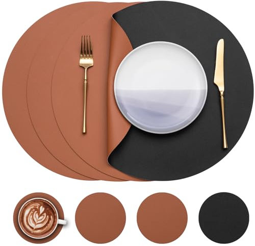 Myir JUN Tischsets 4er Set, Tischsets Abwaschbar Platzsets Rund Ø 38cm Platzdeckchen Rund Doppelseitigen rutschfest Platzsets Kunstleder Leder Tischset Lederoptik (Schwarz Braun, 4er Set)