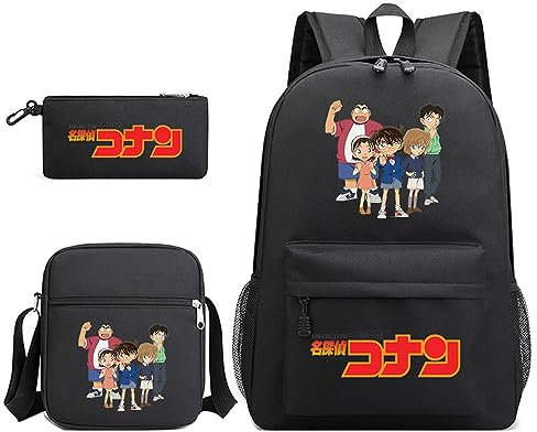 jiminhope Detective Conan Anime 3 Stück Set Rucksack Schreibwaren Taschen Canvas Taschen Handtaschen Student Schulranzen Rucksack Schreibwaren Set Detective Conan Case Closed Conan Umhängetasche