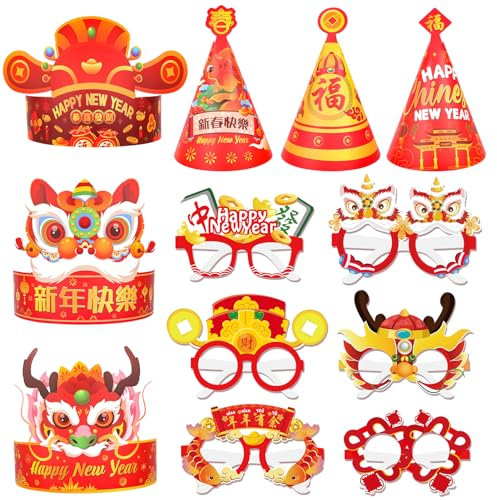 DPKOW Cotillons Nouvel an Chinois 2025, 24pcs Papier Chapeaux de Lunettes de Fête du Nouvel An Chinois Accessoires Cabine Photo Drôle Photo Booth Props