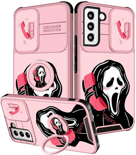Qerrassa Schutzhülle für Samsung Galaxy S22, niedliches Cartoon-S22-Motiv für Damen, mädchenhafte Schutzhülle mit Kamera-Abdeckung und Ringständer, lustig, stoßfest, Totenkopf