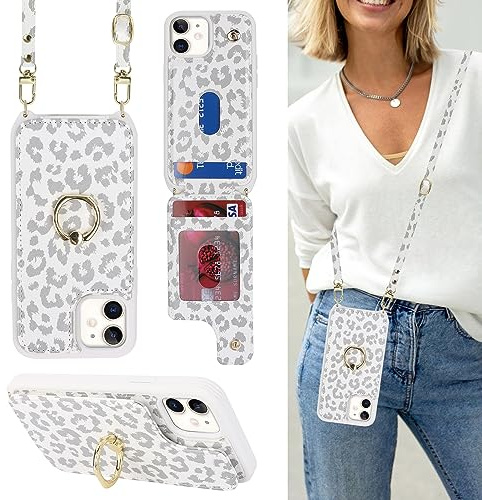 Cavor Phone Case compatible with iPhone 12 Mini With Card Holder With Lanyard Strap,Flip Leather Wallet Case,Ring Kickstand Shockproof Cover Case compatible with iPhone 12 Mini - White Leopard