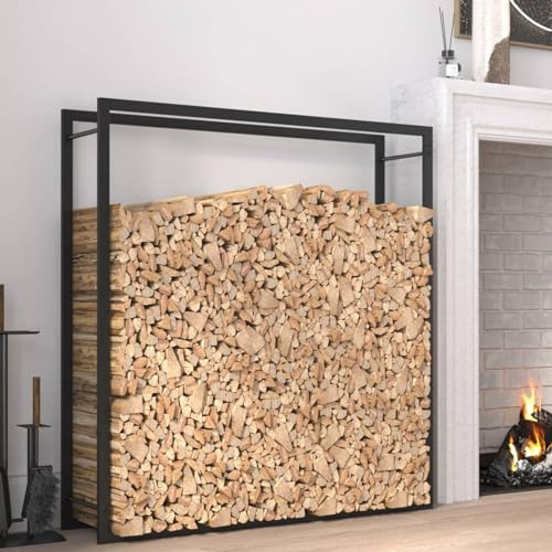 Homgoday Holzständer, Kaminregal, Kaminholzregal für den Innen- und Außenbereich, Holzregal aus Stahl, für den Außenbereich, für den Innen- und Außenbereich, Mattschwarz, 110 x 28 x 116 cm