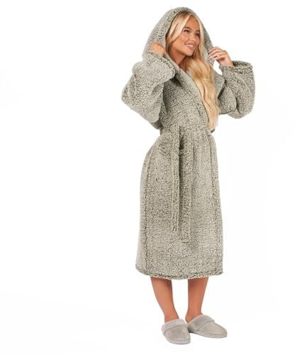 Brentfords Mens Dressing Gowns Teddy Marl, Womens Hooded Dressing Gowns Soft Warm Comfy Luxury Oversized Fluffy Ladies Dressing Gown, Green One Size