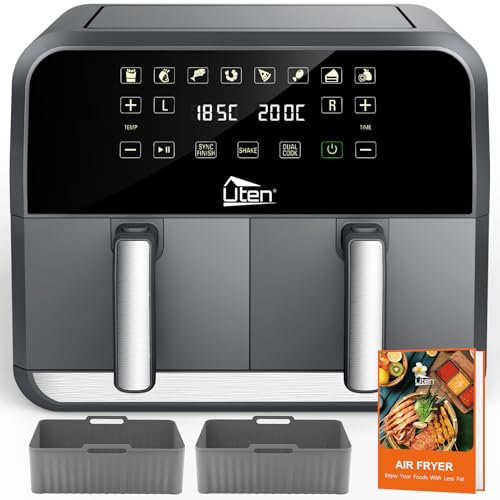 Uten Dual Air Fryer, 8L Air Fryer Dual Basket with 2 Silicone Liners, 114 Recipes, 8 Cooking Presets, SYNC Finish, Dual Cook and Shake Reminder Functions, Dishwasher Safe Baskets